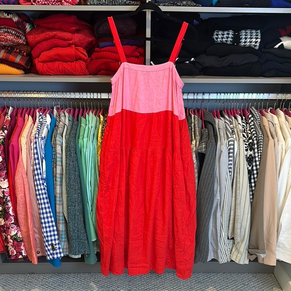 Petal & Pup pink/red viscose/linen tiered adjustable strap tie back dress XS